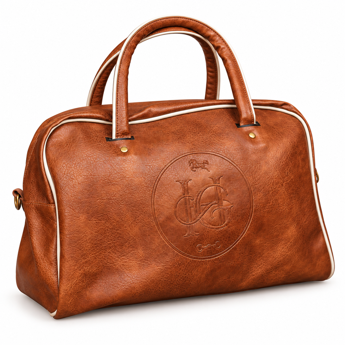Horse Girl vegan leather bag in tan with embossed HG monogram and cream piping