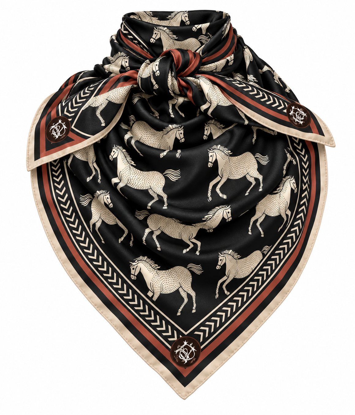 Horse Girl scarf in black with cream horses and a rust border, tied