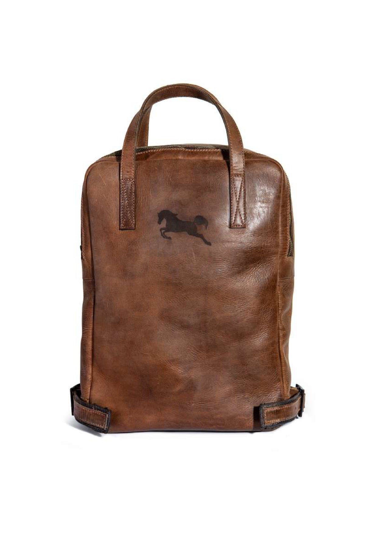 The Margaux leather backpack with an embossed galloping horse, front view