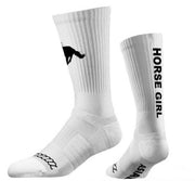 The Iconic Horse Girl Boot Sock in white with a black horse and HORSE GIRL lettering