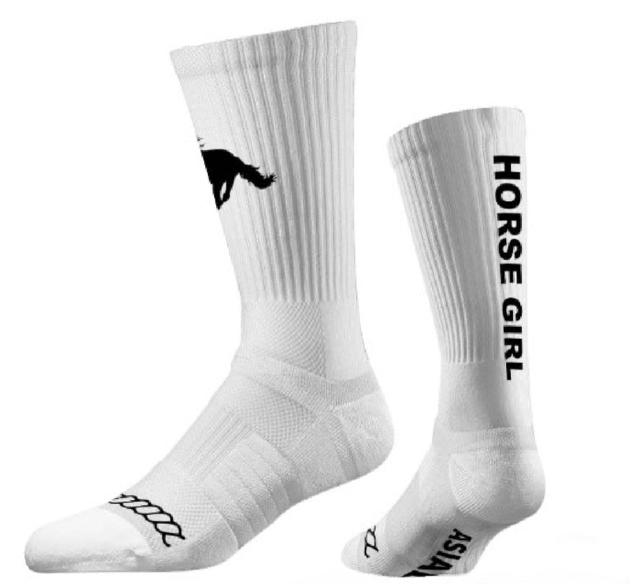 The Iconic Horse Girl Boot Sock in white with a black horse and HORSE GIRL lettering