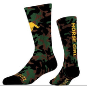 The Iconic Horse Girl Boot Sock in camouflage with a gold horse and HORSE GIRL lettering