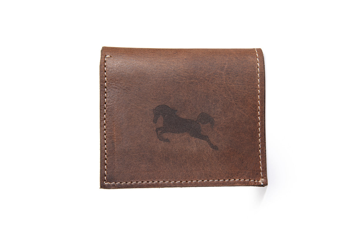 The Giano leather wallet with an embossed galloping horse, folded