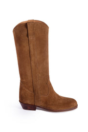 The Tahlia tall boot in warm brown suede, side view